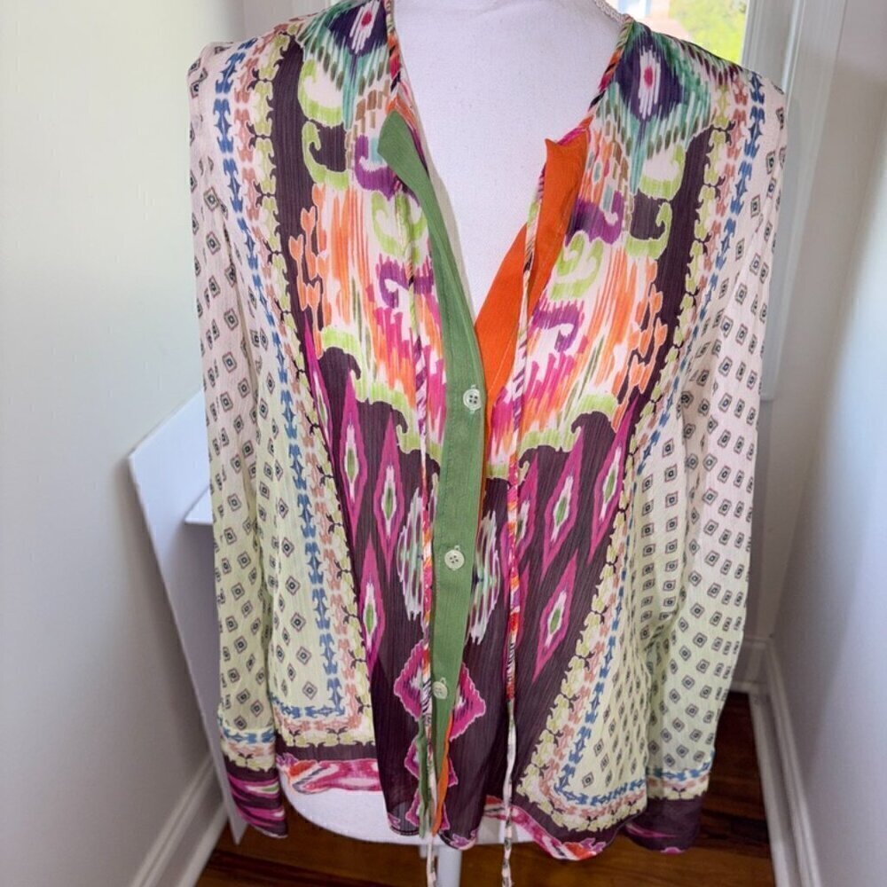 NWT NEW Zara Feather Trim Printed Blouse XS Boho Sheer Tassle Button Front